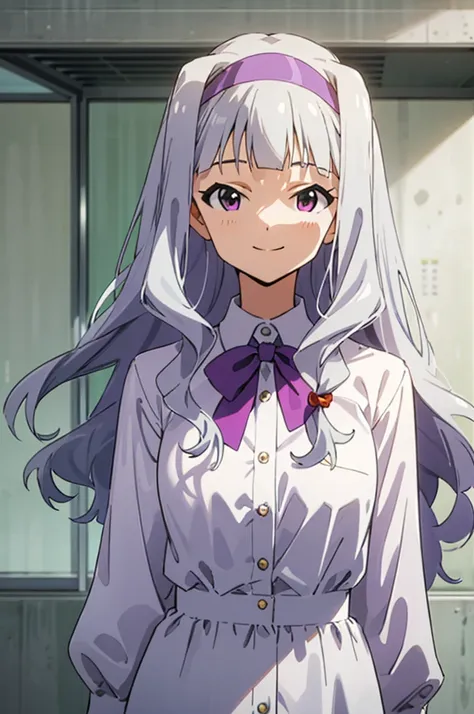 (((pixel-perfect, detail-perfect))), solo, 1girl, takane shijou, purple hairband, big , shirt, bow, looking at viewer, smile