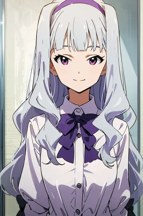 (((pixel-perfect, detail-perfect))), solo, 1girl, takane shijou, purple hairband, big , shirt, bow, looking at viewer, smile