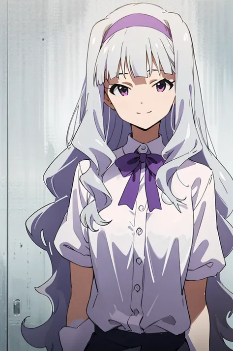 (((pixel-perfect, detail-perfect))), solo, 1girl, takane shijou, purple hairband, big , shirt, bow, looking at viewer, smile