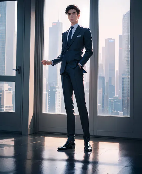 a young ceo man, business suit, confident expression, standing in a modern office, glass windows, cityscape background, (best qu...