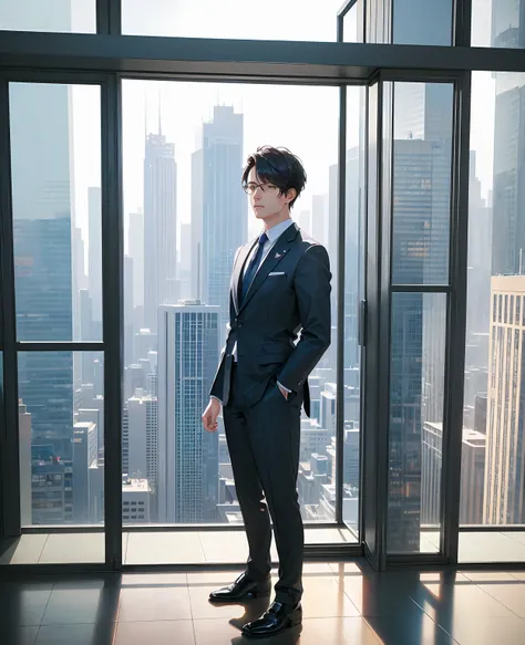 a young ceo man, business suit, confident expression, standing in a modern office, glass windows, cityscape background, (best qu...