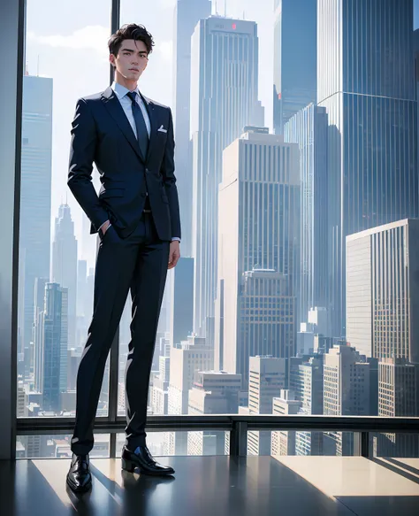 a young ceo man, business suit, confident expression, standing in a modern office, glass windows, cityscape background, (best qu...