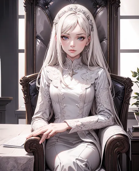 detailed portrait of a young ceo man sitting in a chair like a boss, elegant woman in white dress standing by his side, beautifu...