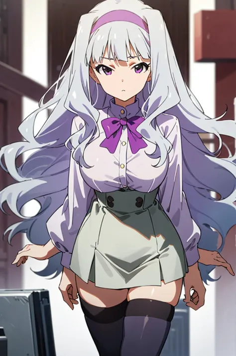 (((pixel-perfect, detail-perfect))), solo, 1girl, takane shijou, purple hairband, big , shirt, bow, looking at viewer, huge brea...