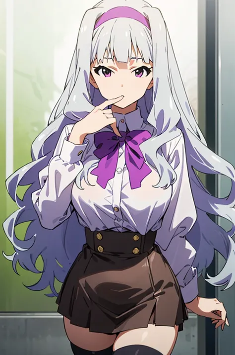 (((pixel-perfect, detail-perfect))), solo, 1girl, takane shijou, purple hairband, big , shirt, bow, looking at viewer, huge brea...