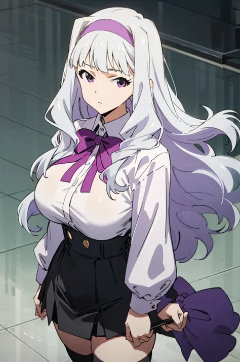 , solo, 1girl, takane shijou, purple hairband, big , shirt, bow, looking at viewer, huge breasts,thighhighs,high waist miniskirt,