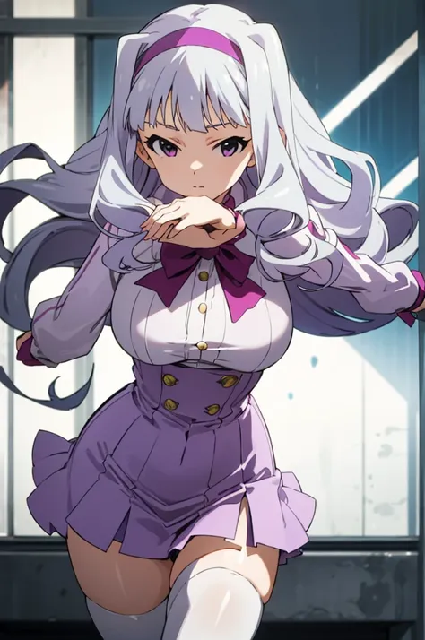 , solo, 1girl, takane shijou, purple hairband, big , shirt, bow, looking at viewer, huge breasts,thighhighs,high waist miniskirt...