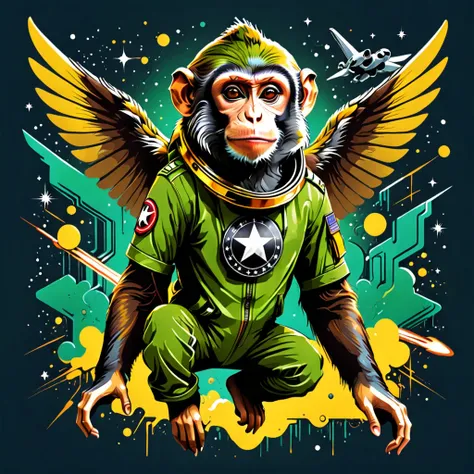 vector t-shirt art design, centered, a monkey flying in the galaxy with fascist dictator clothes, militay clothes, yellow and gr...