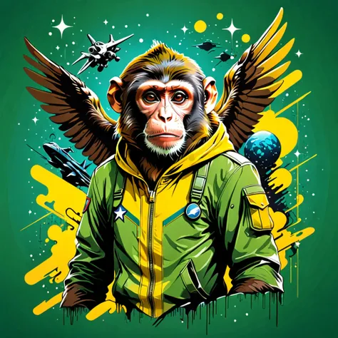 vector t-shirt art design, centered, a monkey flying in the galaxy with fascist dictator clothes, militay clothes, yellow and gr...