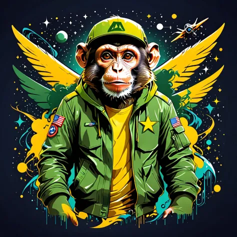 vector t-shirt art design, centered, a monkey flying in the galaxy with fascist dictator clothes, militay clothes, yellow and gr...