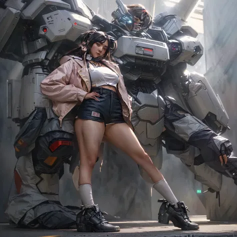 anime girl in short shorts and jacket standing next to giant robot, artwork in the style of guweiz, cyberpunk anime girl mech, t...