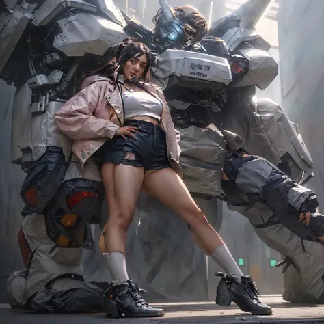 anime girl in short shorts and jacket standing next to giant robot, artwork in the style of guweiz, cyberpunk anime girl mech, t...