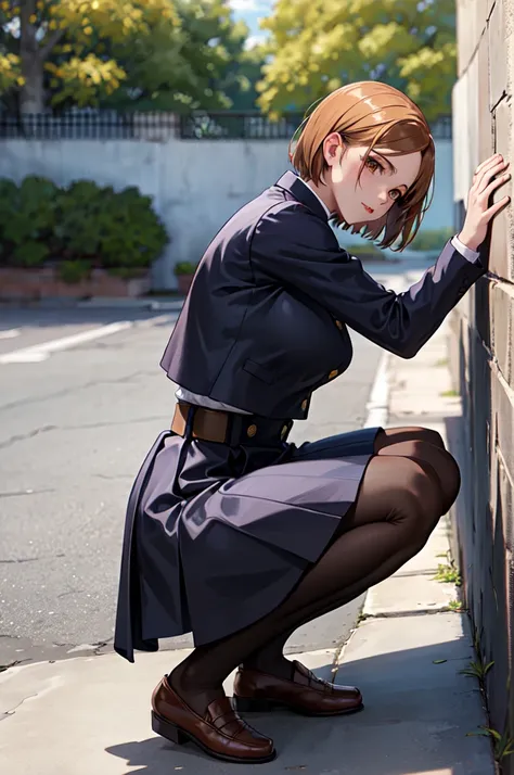 masterpiece, Highest quality, High resolution, That Rose, short hair, (Black jacket:1.2), button, Long sleeve, Black Skirt, High Waist Skirt, Black Pantyhose, squat, Outdoor, street, From the side, wall, View your viewers,Peeing,Large Breasts