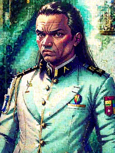 detailed and realistic portrait of angry general oligui, vieux,en tenue militaire, with many medals, soft, dim light