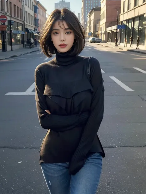 ((Best quality, 8k, Masterpiece: 1.3)), Contour: 1.2, Perfect body beauty: 1.4, Butt: 1.2, ((Layered haircut, Round chest: 1.5) ), (sunny, Street: 1.3), blue turtleneck sweater: 1.1, Highly detailed face and skin texture, Beautiful eyes, Double eyelids, Wh...