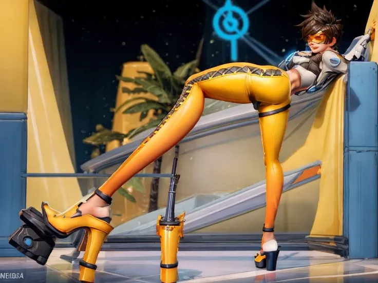 Tracer from overwatch is wearing a slutty bikini and posing for a porn. ((yellow open-toed platform high heels, nsfw)), sexy standing pose, front view, blushing, freckles, looking at viewer, small breasts,