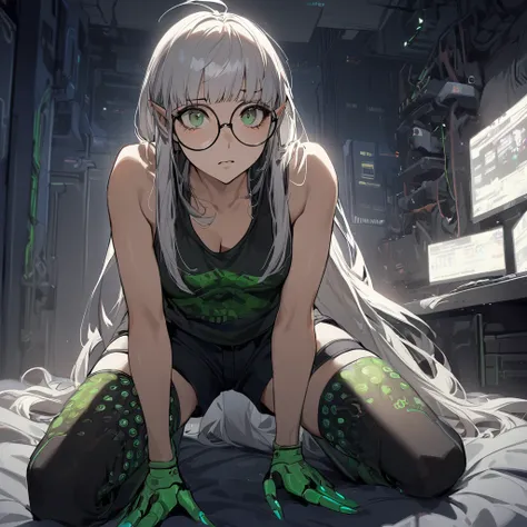 ((best quality)), ((masterpiece)), (detailed), 1girl, anime girl, smalll bed room background, sitting on knees, white hair, elf,...