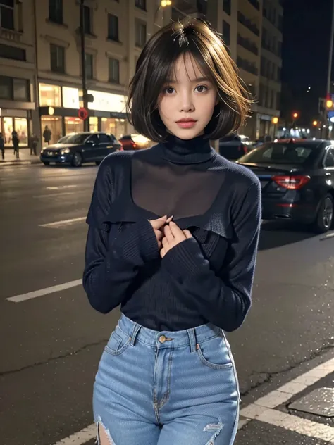 ((Best quality, 8k, Masterpiece: 1.3)), Contour: 1.2, Perfect body beauty: 1.4, Butt: 1.2, ((Layered haircut, Round chest: 1.5) ), (night, Street: 1.3), blue turtleneck sweater: 1.1, Highly detailed face and skin texture, Beautiful eyes, Double eyelids, Wh...