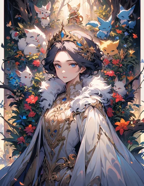 In the mysterious forest, Snow-white fox swims gracefully, his fur shimmers silvery white, and his eyes reveal wisdom and mystery. It is best to depict a side border, facing line of sight, and he loves the artistic style and infectious imagery.