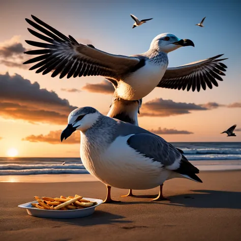 seagull, seagulls, fries, french fries, beach, coastal, ocean, seaside, waves, sunset, golden hour, beautiful detailed eyes, det...