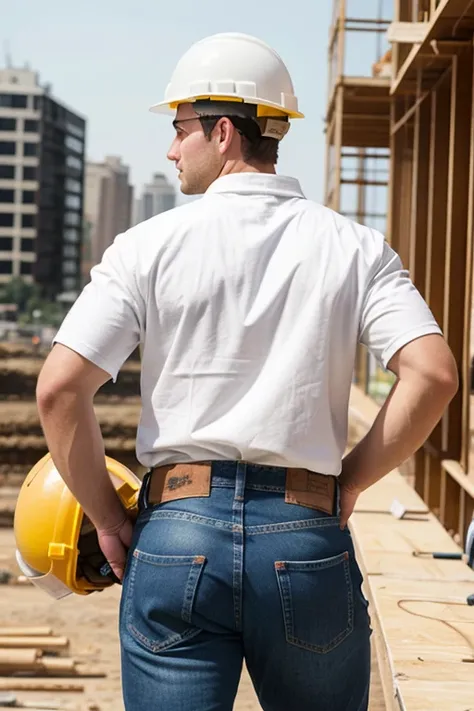 Young guy, construction worker, white helmet, caucasian, big and rounded butt, light blie jeans