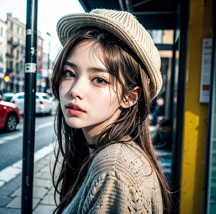 Real photo, (masterpiece:1.2),(Very detailed),(8k:1.1),(Perfect lighting,Highest quality,High resolution,original),(Realistic photos:1.4) ,28 years old、Korean Idols、Long Hair、Brown Hair、Model-like style、Street Snap、One woman、Cool clothes、Solo Snap、Mole und...