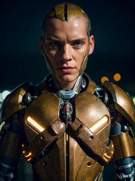 (best quality, masterpiece, highest detailed), (photorealistic:1.2), (detailed light:1.2), (Realistic skin texture:1.4), raw photo, professional portrait,  cyborg, man and cyborg, symbiosis, semi-mechanical head, mechanical body  , old rusty armor, powerfu...