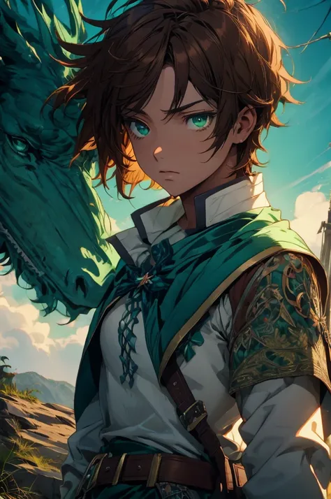 kazumasatou, kazuma satou, short hair, brown hair, (green eyes:1.3), male focus, BREAK shirt, long sleeves, white shirt, belt, pants, capelet, brown belt, BREAK outdoor, forest, nature, trees, village, sky, sun, clouds, BREAK looking at viewer, (cowboy sho...