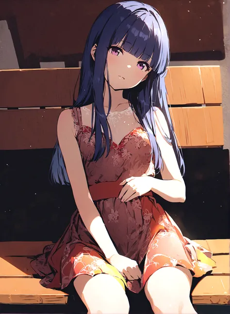 One Girl, alone, Full Autorica, cute, Blue Hair, Purple eyes, Long Hair, blunt bangs, bangs, dress, sitting, head tilt, bench