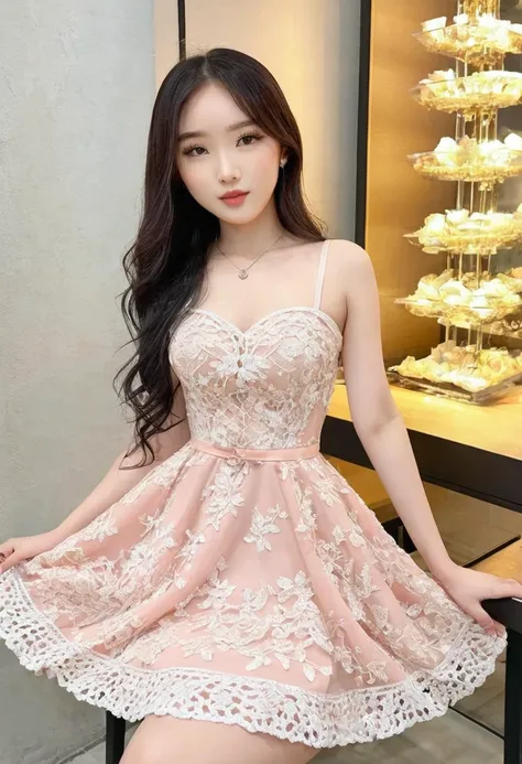 ((Best high quality:1.2)), (8k), extremely detailed, ((High detail:1.2)), (KKKDoVal woman), Solo, 24 year old Korean Ulzzang female, (dress), (fix his hand to be anatomically correct),