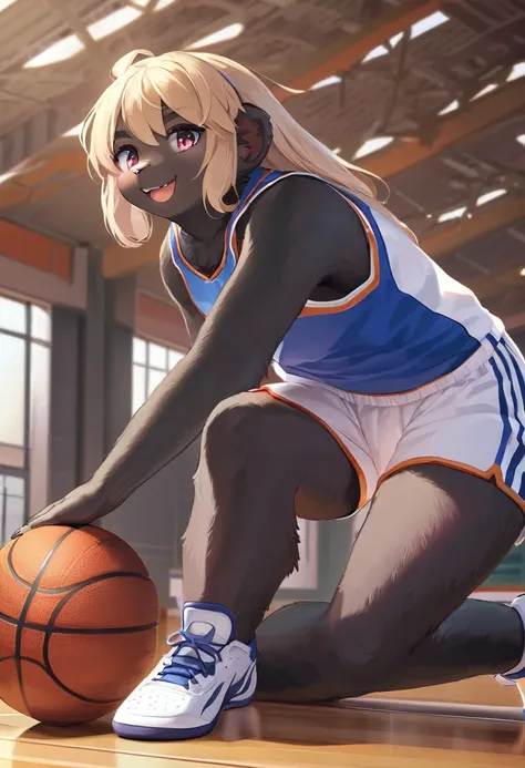 ((Masterpiece)), ((Best Quality)), (Very Detailed), ((Very Detailed)), 4K, (8K), very aesthetic, absurdres highres, 1girl, anthropomorphic gorilla, furry, kemono, basketball uniform, indoors, 