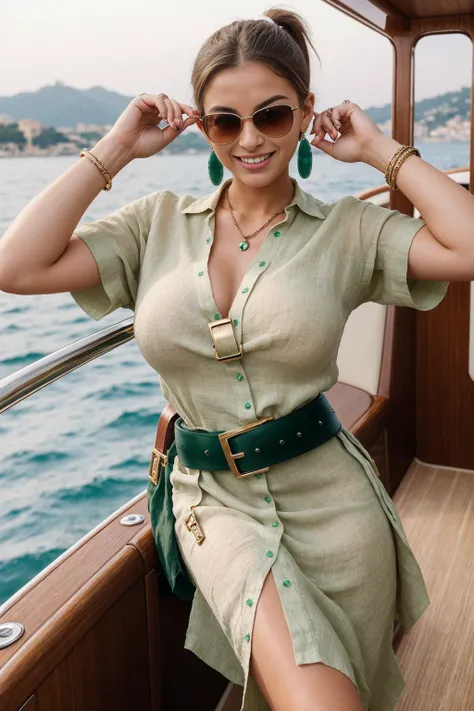 Half-length glamour portrait, nikon D850, f1.6 lens, 200mm, DSLR, 22 Megapixels, (((Private yacht off the coast of the French Riviera scene))), shot of a stunning 20 years old portuguese girl, (smile:1.4), (wearing Jade green Linen shirt dress with buckle ...