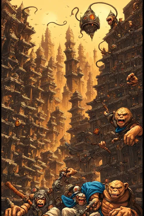 MONKEY BITCOIN style dungeons & dragon old cardboard big city in the back ground doom day