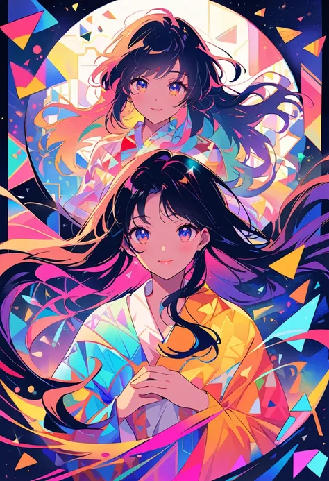 Seamless geometry，blank background，Geometric puzzle style，The most beautiful girl of all time, shining eyes, 16 years old,  hapiness，cute smile，flowing hair，Light blue geometric pattern yukata，Colorful geometric shapes around，Vibrant colors，Sparkling firew...