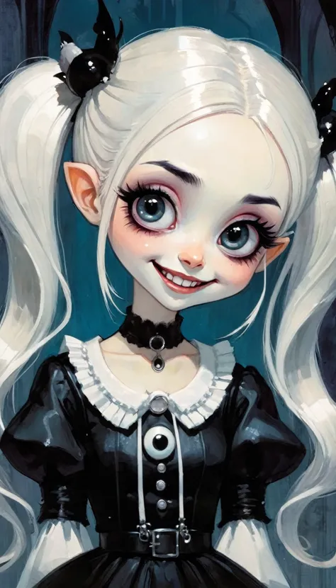 Soft, kawaii, detail, Gothic, dark, sketchy, monochrome, long eyelashes, big eyes, cute, detailed, wide smile, sharp teeth, 1girl, big eyes,, eyelashes, puffy sleeves, detached sleeves,, white hair, twintails, creepy, best quality, doe eyes, (art inspired ...