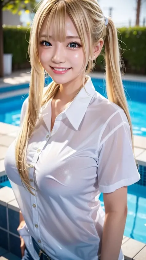  15 years old,, Big Breasts, Beautiful breasts,  Short twin tails 、Blonde Hair,  8k, , LED lighting, Japanese girl、smile、、slender、Height: about 150cm、Golden Hair、blond、、、Gal Makeup、Front view、The whole body is wet、White shirt、White shirt、Wet clothes、Pool