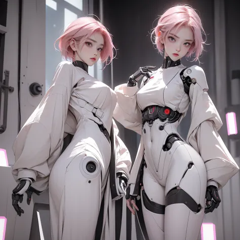 a girl with a full white robotic body, featuring sleek and high-tech components. She has short pink hair, purple eyes, and an angry expression. She wears a robot mask that partially covers her face, blending seamlessly with her polished mechanical limbs an...