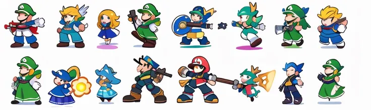 a close up of several different types of blue and green characters, Folha de sprite, Folha de sprite, Mega homem, mario Folha de sprite  walk cycle, megaman, sprites, ator 2ds, ator de videogame, ator 2d, conjunto de sprites HD de alta qualidade, super nin...