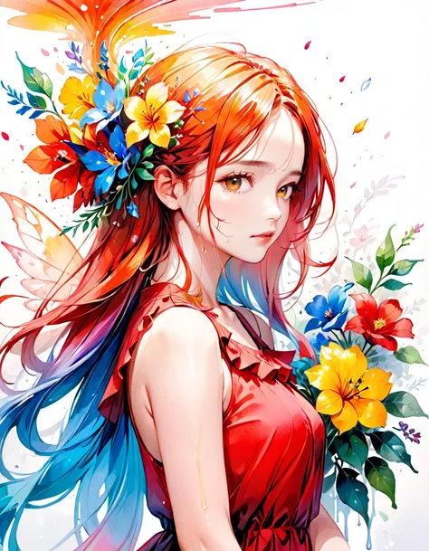 high quality, masterpiece, Watercolor, wash technique, colorful, A painting with dripping and scattered paint, Painting like Agnes Cecile, blurry, pale touch, smudged outline, like a fairy tale, Beautiful woman made with flower colorage, expressing women u...