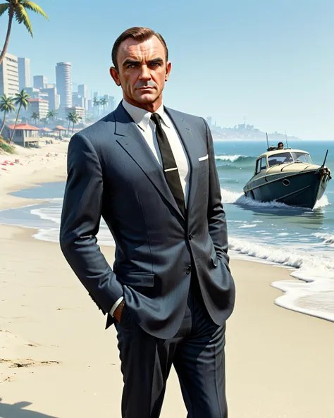 Sean Connery como James Bond, andando na Praia, GTA, full Body