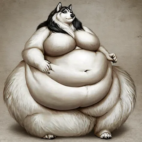 Malamute, female, long hair, black and white fur, morbidly obese, fat arms, fat legs, belly rolls, gorgeous, beautiful, eyelashes, voluptuous, plump , standing, mature looking 