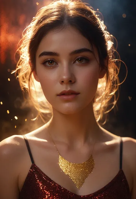 A movie film still of super very close-up portrait of a beautiful 18 year old woman with a mesmerizing and intense gaze, her face illuminated by warm, glowing light. She has glittering gold dust on her face, gold reflection in her eyes, and her lips are a ...