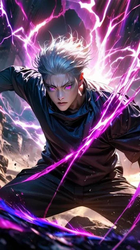 High quality, ultra realistic,absurdres, highres, ultra detailed, HDR, masterpiece, extremely detailed face and eyes,  Gojo satoru , jujutsu kaisen,, white hair ,black shirt , solo, ,man, handsome, ,white eyeleshes , Epic fight scene, purple splashing effe...