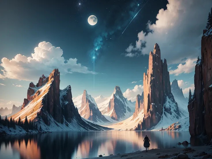 mountains and a lake with a moon in the sky, 4k highly detailed digital art, 4 k hd wallpaper very detailed, impressive fantasy landscape, sci-fi fantasy desktop wallpaper, unreal engine 4k wallpaper, 4k detailed digital art, sci-fi fantasy wallpaper, epic...