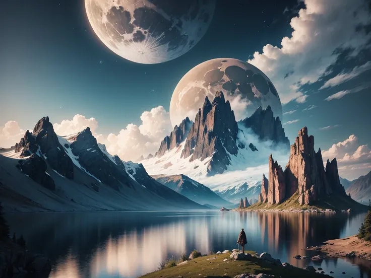 mountains and a lake with a moon in the sky, 4k highly detailed digital art, 4 k hd wallpaper very detailed, impressive fantasy landscape, sci-fi fantasy desktop wallpaper, unreal engine 4k wallpaper, 4k detailed digital art, sci-fi fantasy wallpaper, epic...