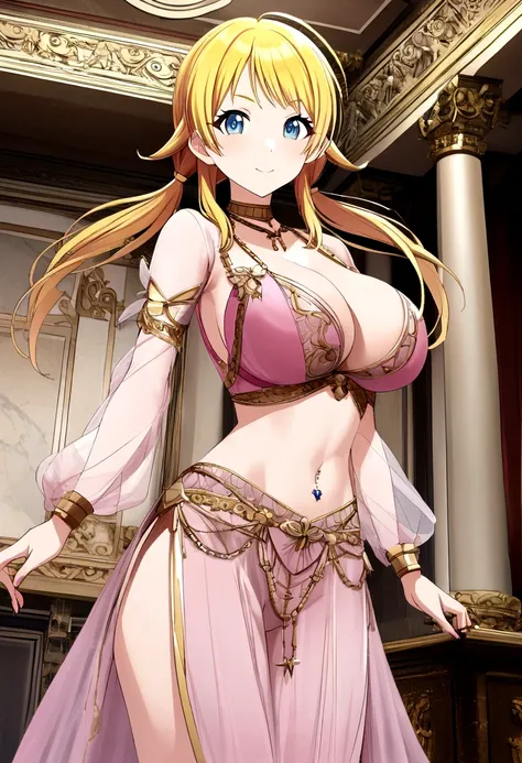 blonde Hachimiya Meguru with twintails, a very detailed face, blue eyes, a pink tight noble dress with very large breasts, a slim waist, slim hips, a very deep cleavage, golden necklaces and a golden choker,  standing in a palace room. pink see-through mid...