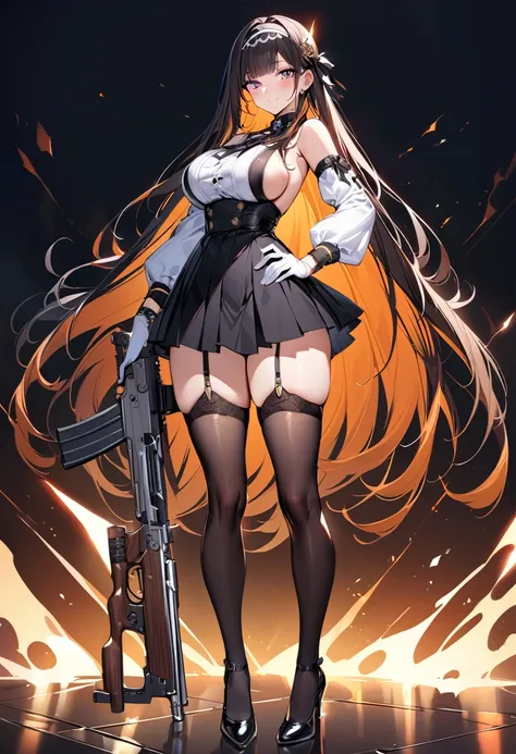 masterpiece, best quality, 1girl, weapon, breasts, solo, colored-inner-hair, thighhighs, long-hair, holding, large-breasts, sideboob, gun, mole, detached-sleeves, holding-weapon, full-body, smile, bangs, mole-under-eye, black-hair, looking-at-viewer, glove...