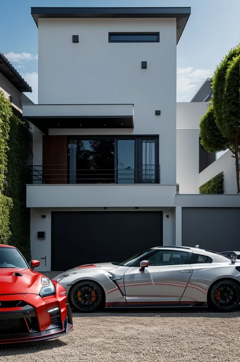 Maison moderne avec piscine et une Nissan gtr r35 nismo devant le garage.