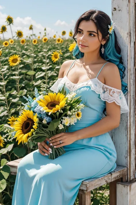 haceme un ramo de rosas azul marino y celeste cielo con un girasol blanco en el medio. 