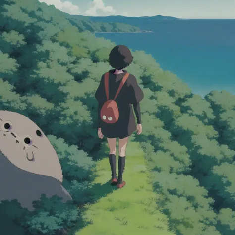 ghibli style, san (mononoke hime),
1boy,Black sweatshirt, with a backpack, on your back, looking at the horizon, during the day, magical world, modern